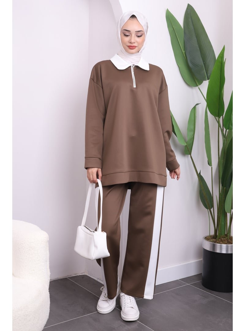 İmaj Butik Kahverengi Fermuarlı Gömlek Yaka Tunik Pantolonlu Takım