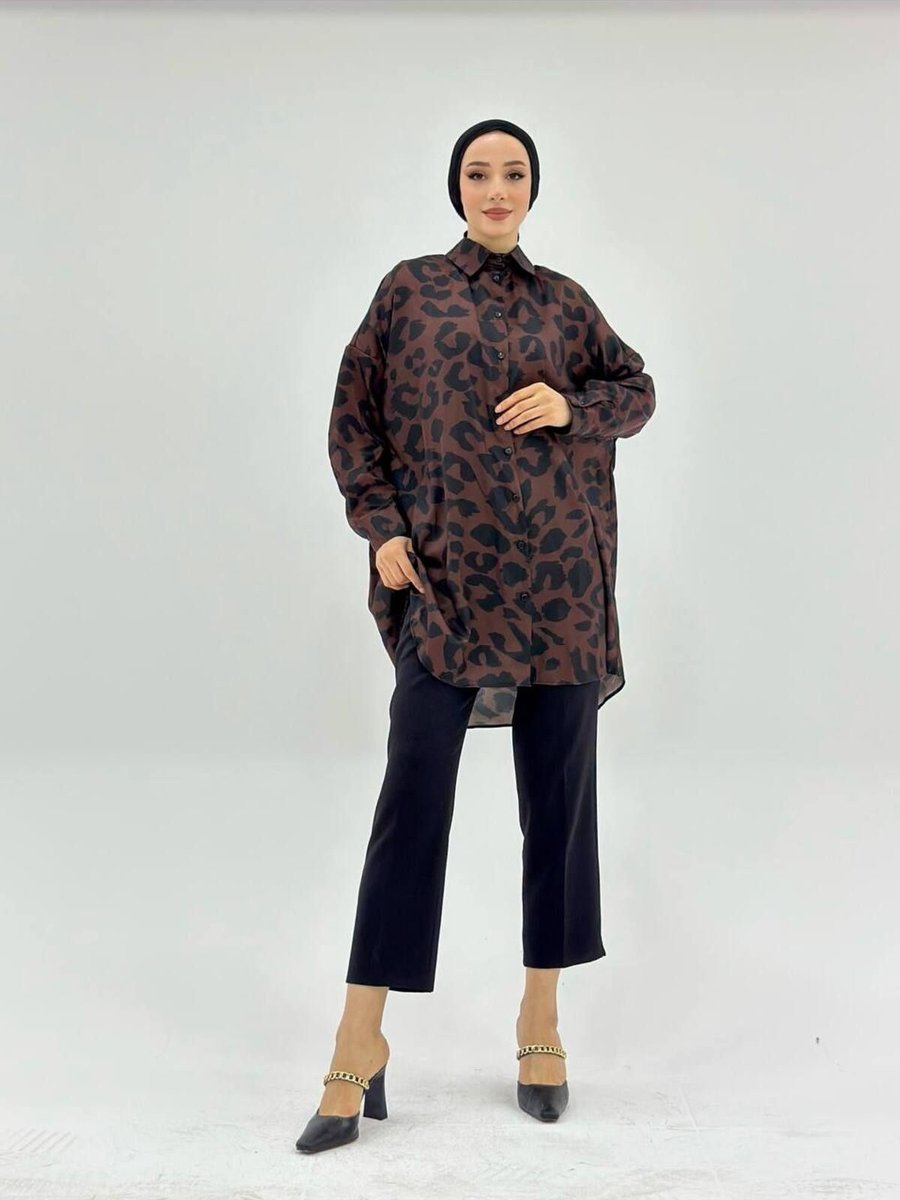 Vıoshıne Leopar Desenli Oversize Saten Gömlek