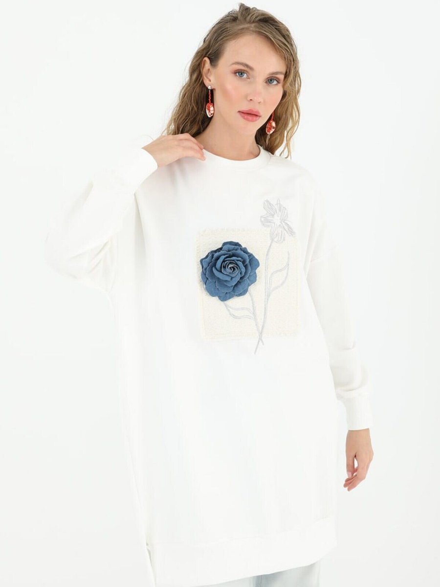 Puane Ekru İki İplik Kumaş Nakışlı Ve Çiçekli Sweatshirt