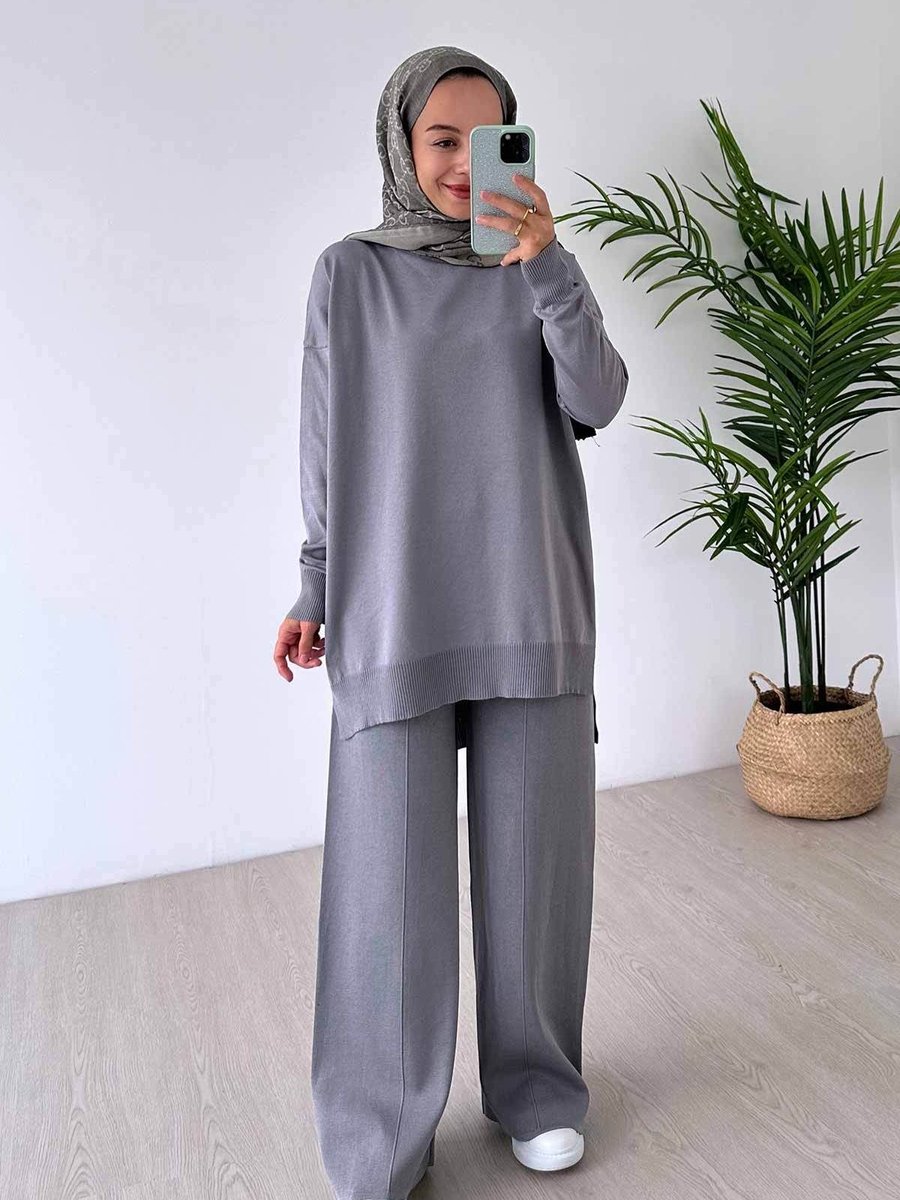 Ka Hijab Işıltılı Merserize İkili Takım Gri
