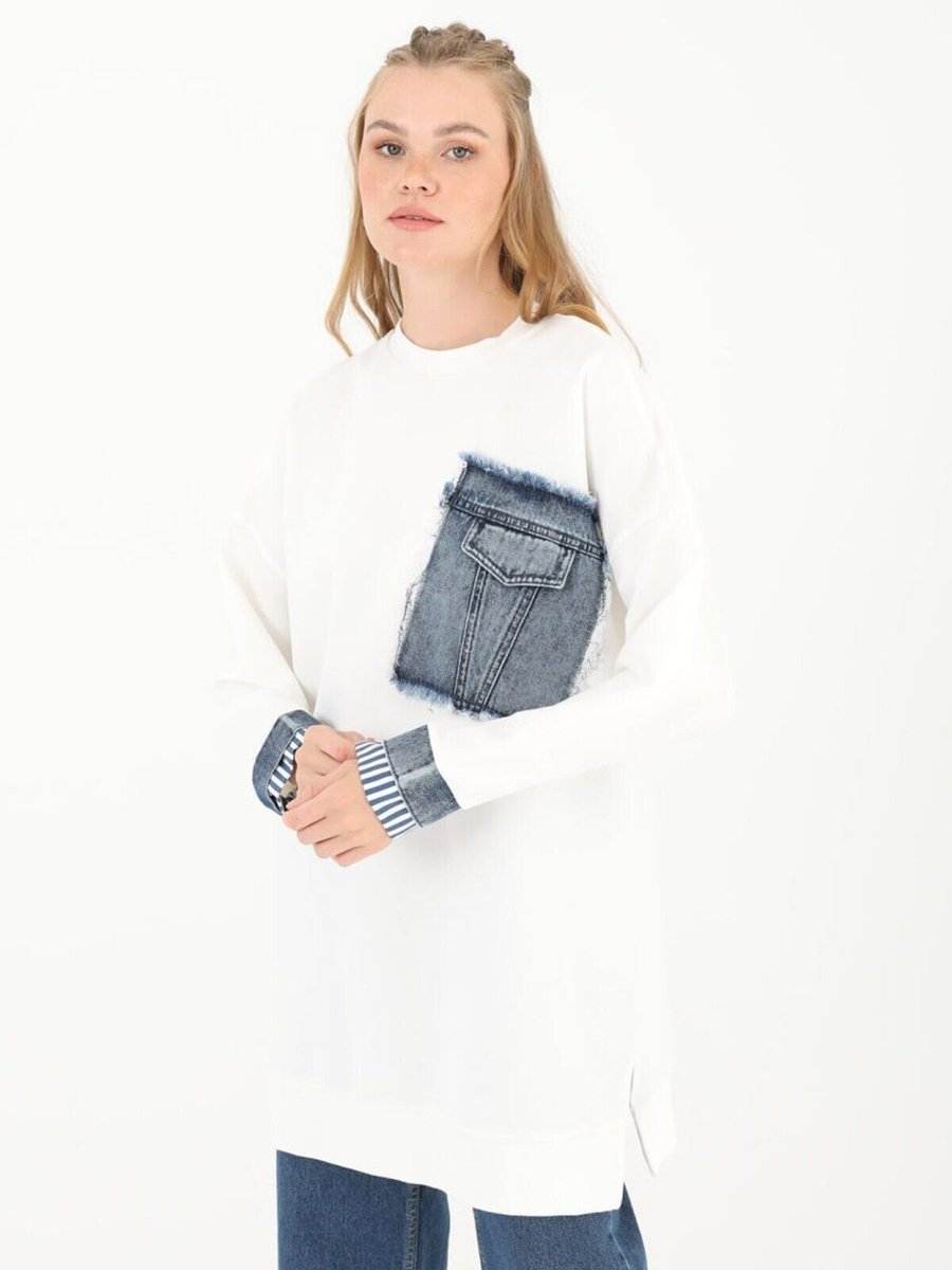 Puane Ekru İki İplik Kumaş Kot Garnili Sweatshirt