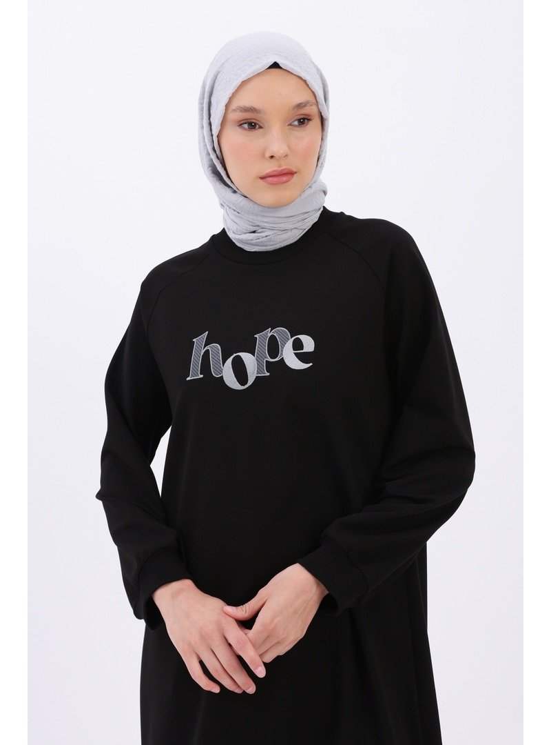 Allday Siyah Nakışlı Fermuar Detaylı Reglan Kol Sweat Tunik