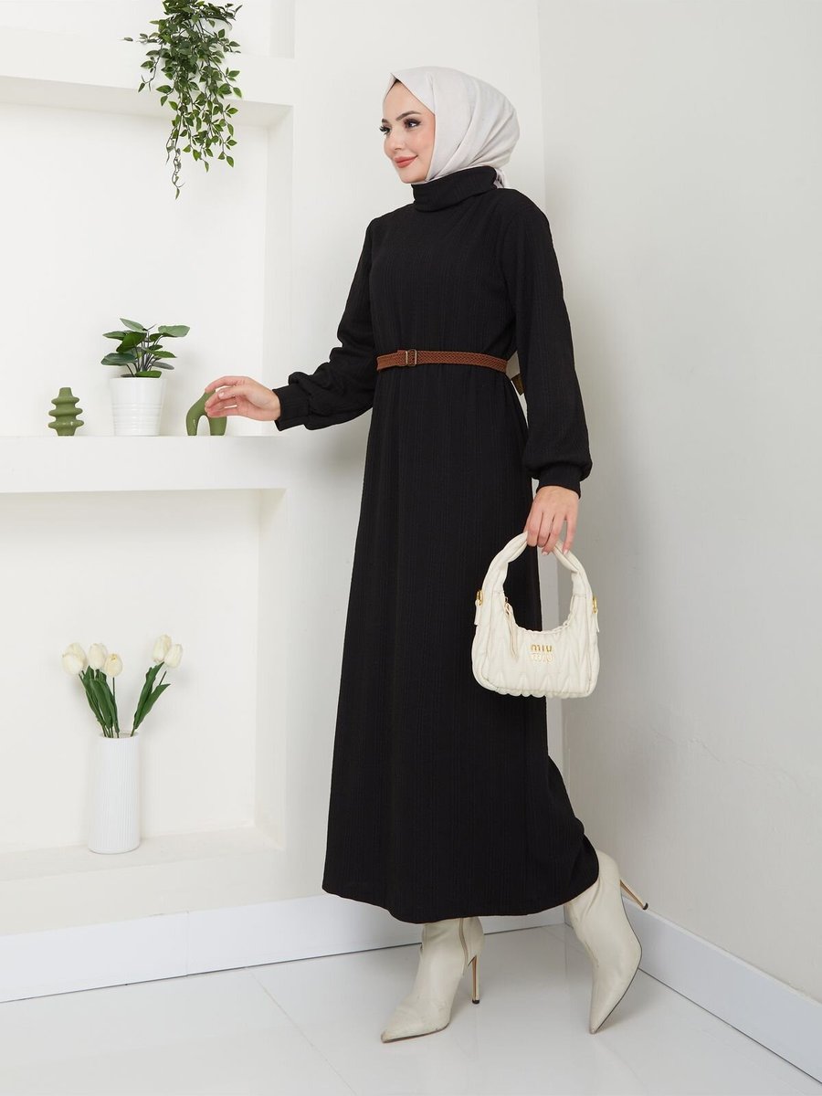VOLT CLOTHİNG Siyah Kemerli Balıkçı Yaka Elbise