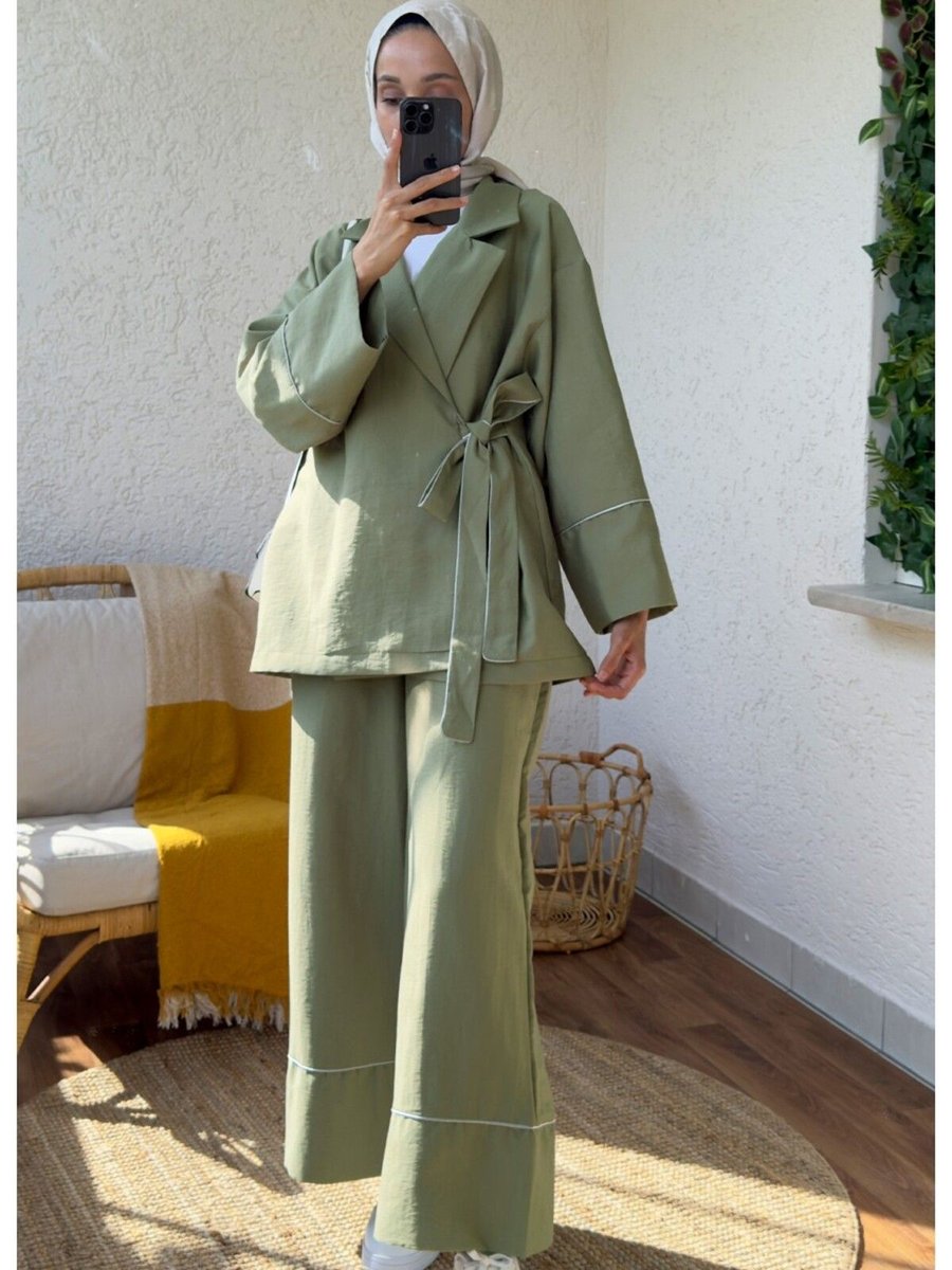 Miraydin Butik Biye Detaylı Yandan Bağlamalı Alt Üst Pantolon Ve Kimono Takım Haki