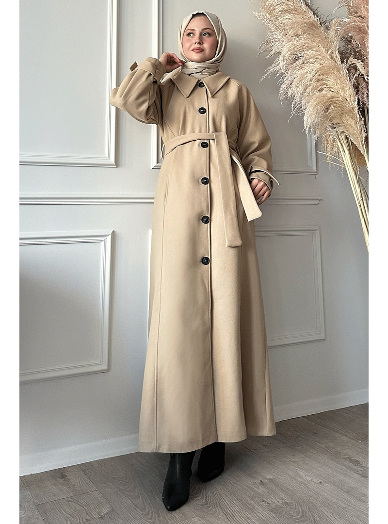 InStyle Bej Blair Yakalı Kuşaklı Kaşe Kaban