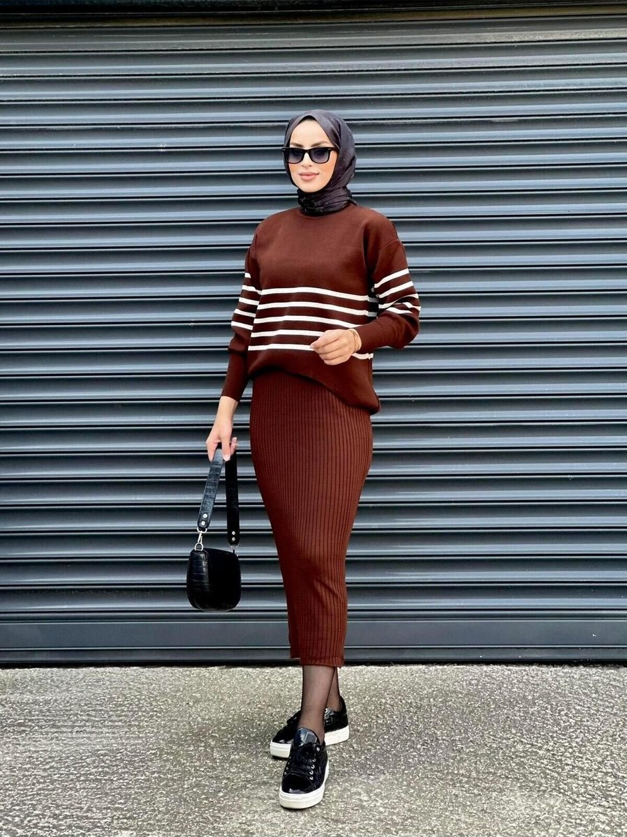 Nergis Neva Butik Kahve Jileli Triko Takım