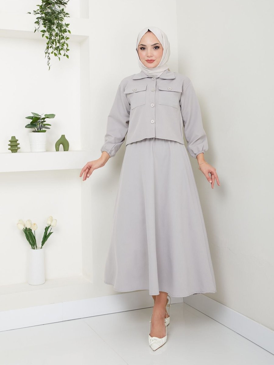 VOLT CLOTHİNG Gri Kapaklı Gömlekli Etekli Takım