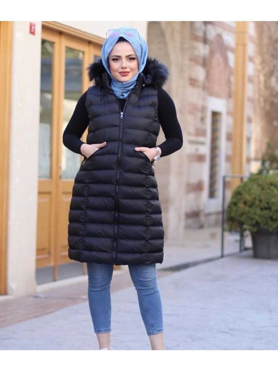 Moda Alkoç Uzun Şişme Yelek Siyah