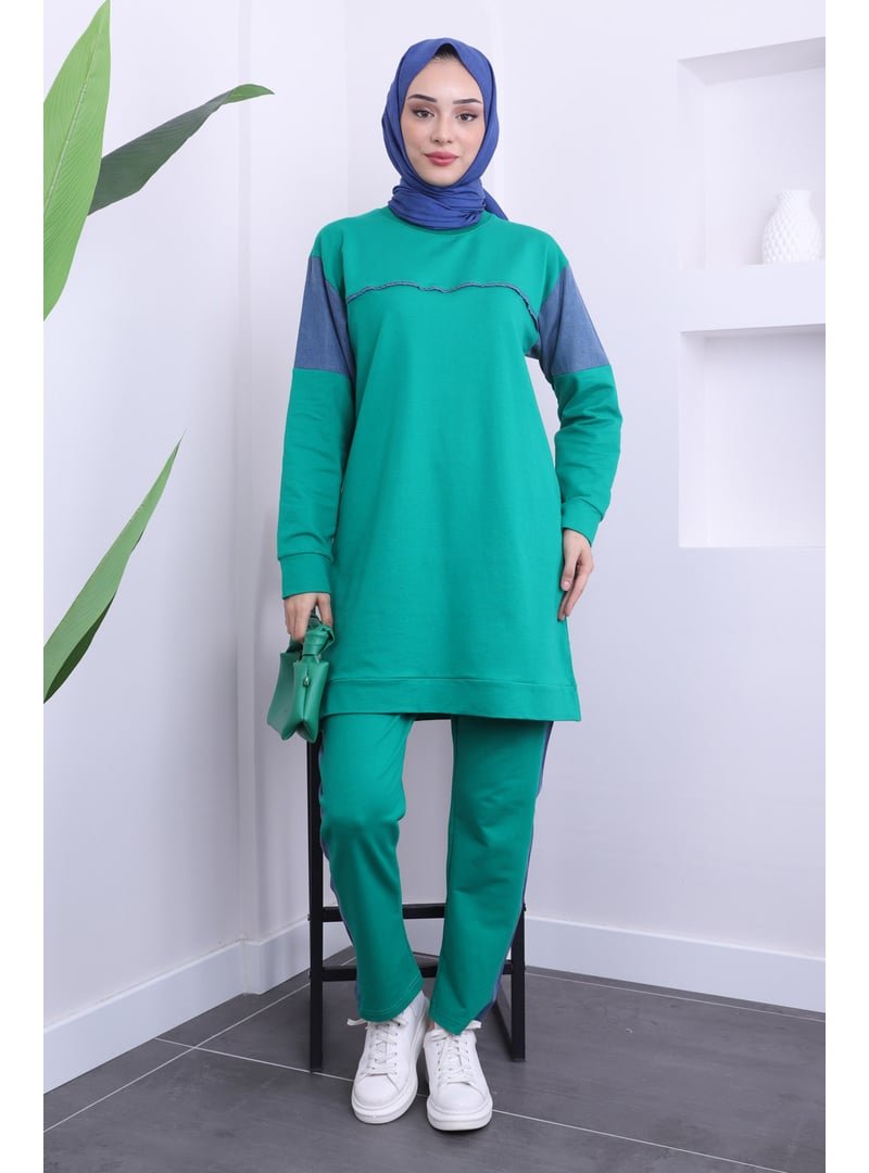 İmaj Butik Yeşil Kot Detaylı Tunik Pantolonlu İki İplik Takımı