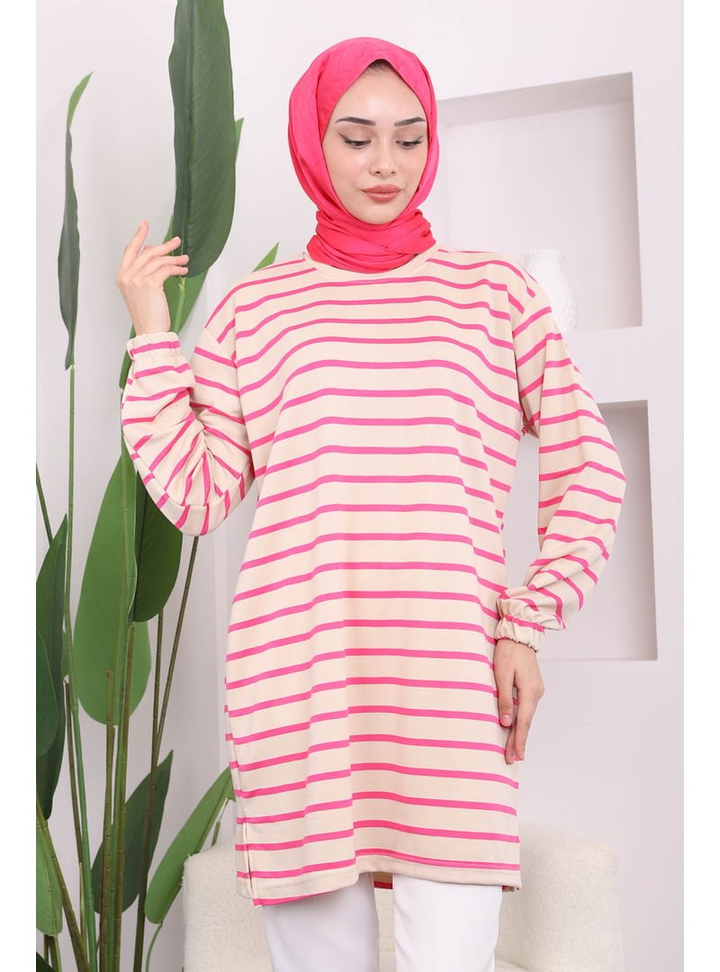 İmaj Butik Fuşya Çizgili Bisiklet Yaka Tunik