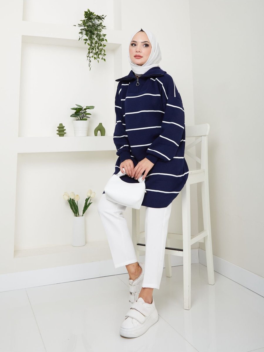 VOLT CLOTHİNG Lacivert Çizgili Fermuarlı Triko Tunik