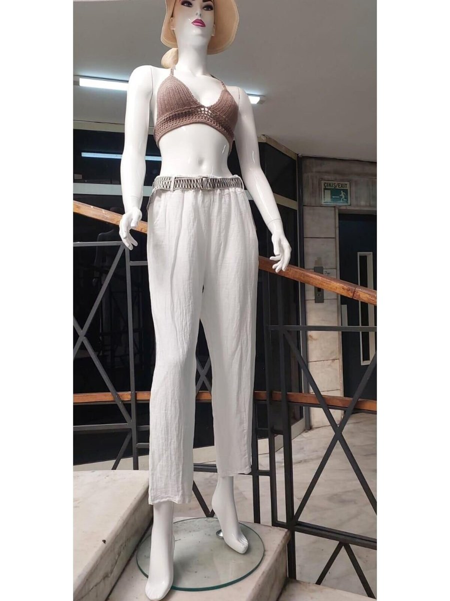 EREN STYLE Beyaz İtalyan Kemerli Keten Pantolon