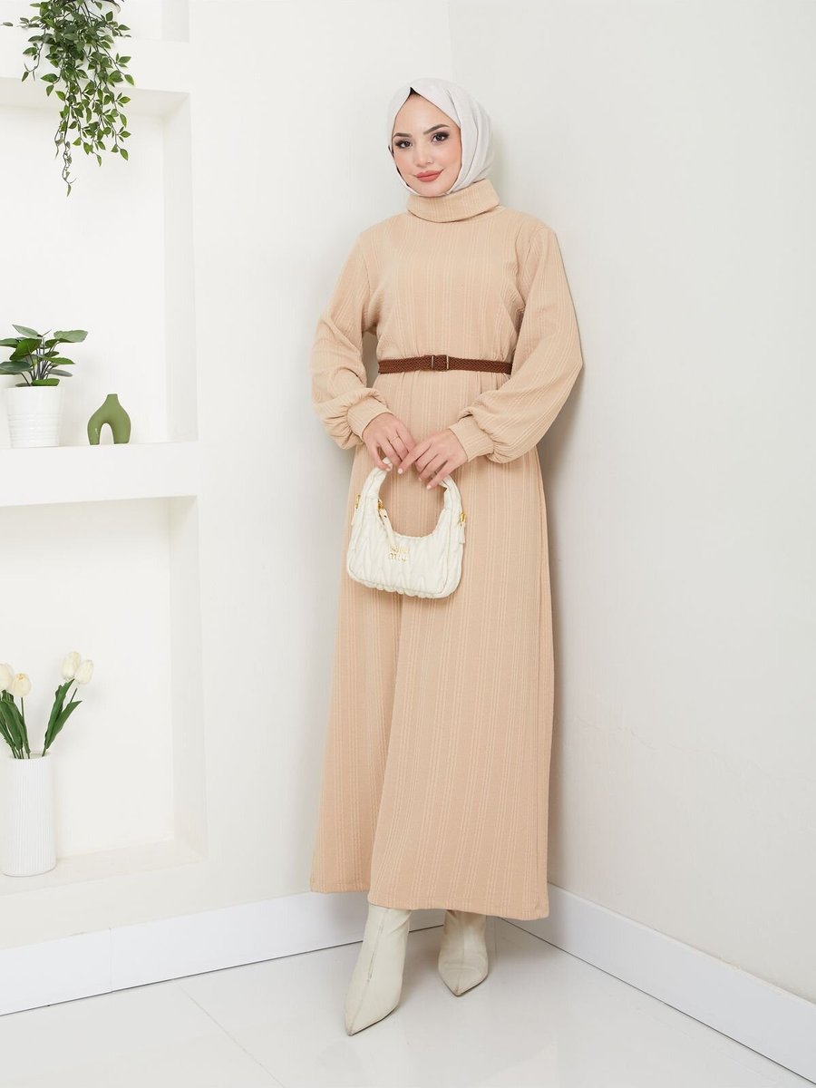 VOLT CLOTHİNG Bej Kemerli Balıkçı Yaka Elbise