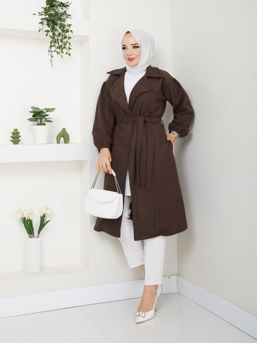 Oln Kolları Büzgülü Astarsız Oversize Kaşe Kaban