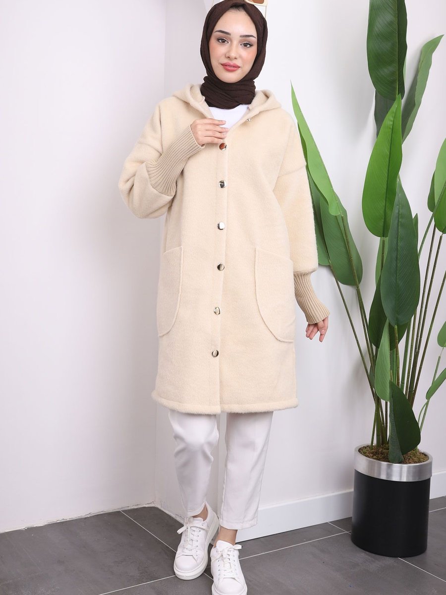 İmajbutik Krem Angora Kapüşonlu Kaban