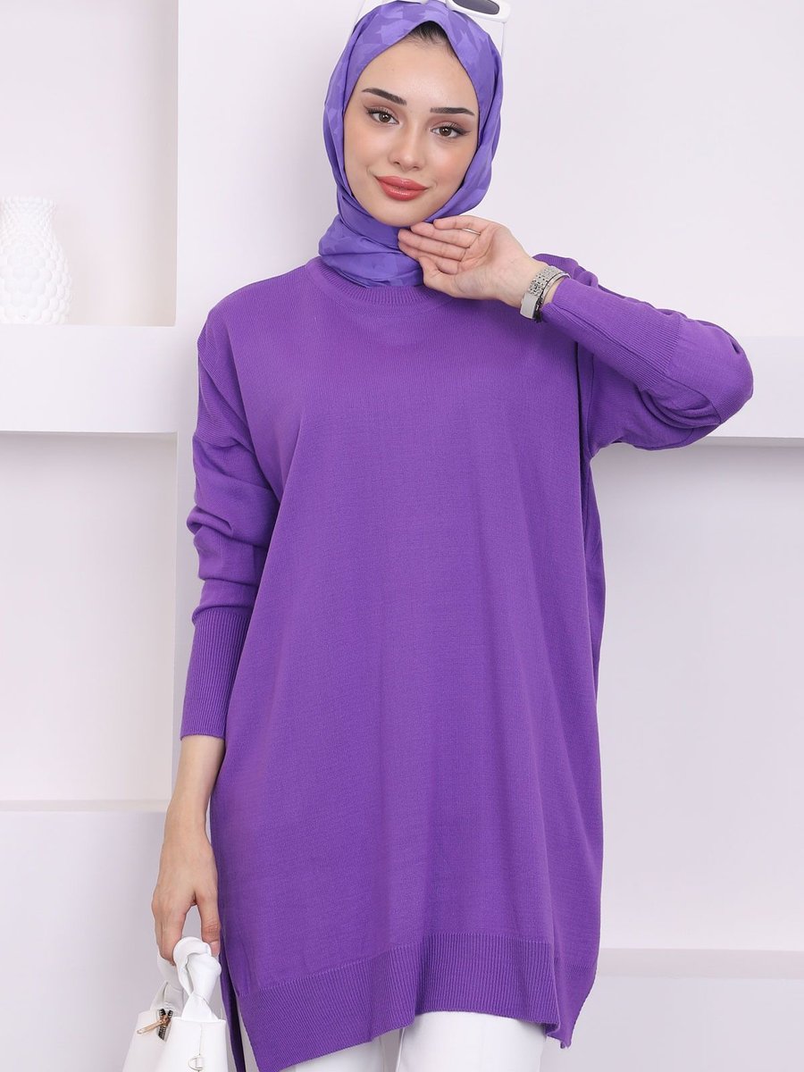 İmajbutik Koyu Lila Bisiklet Yaka İnce Merserize Salaş Triko Tunik
