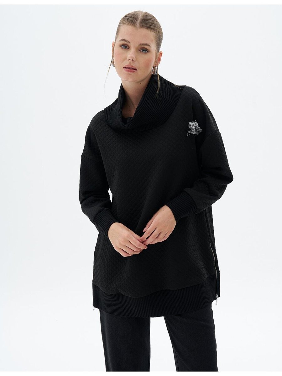 Kayra Triko Garnili Kapitoneli Sweatshirt Siyah