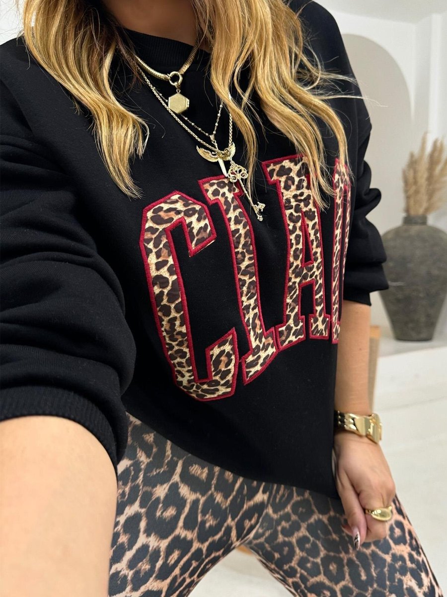 Sohotique By P Siyah Ciao Leopar Yazı Apikeli Sweatshirt