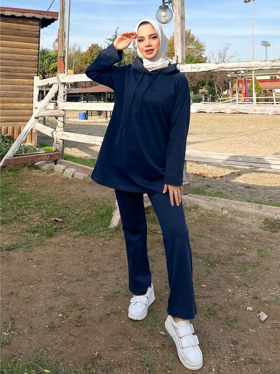 Sevda Kapüşonlu Sweat Eşofman Sade Basic Spor Takım Lacivert