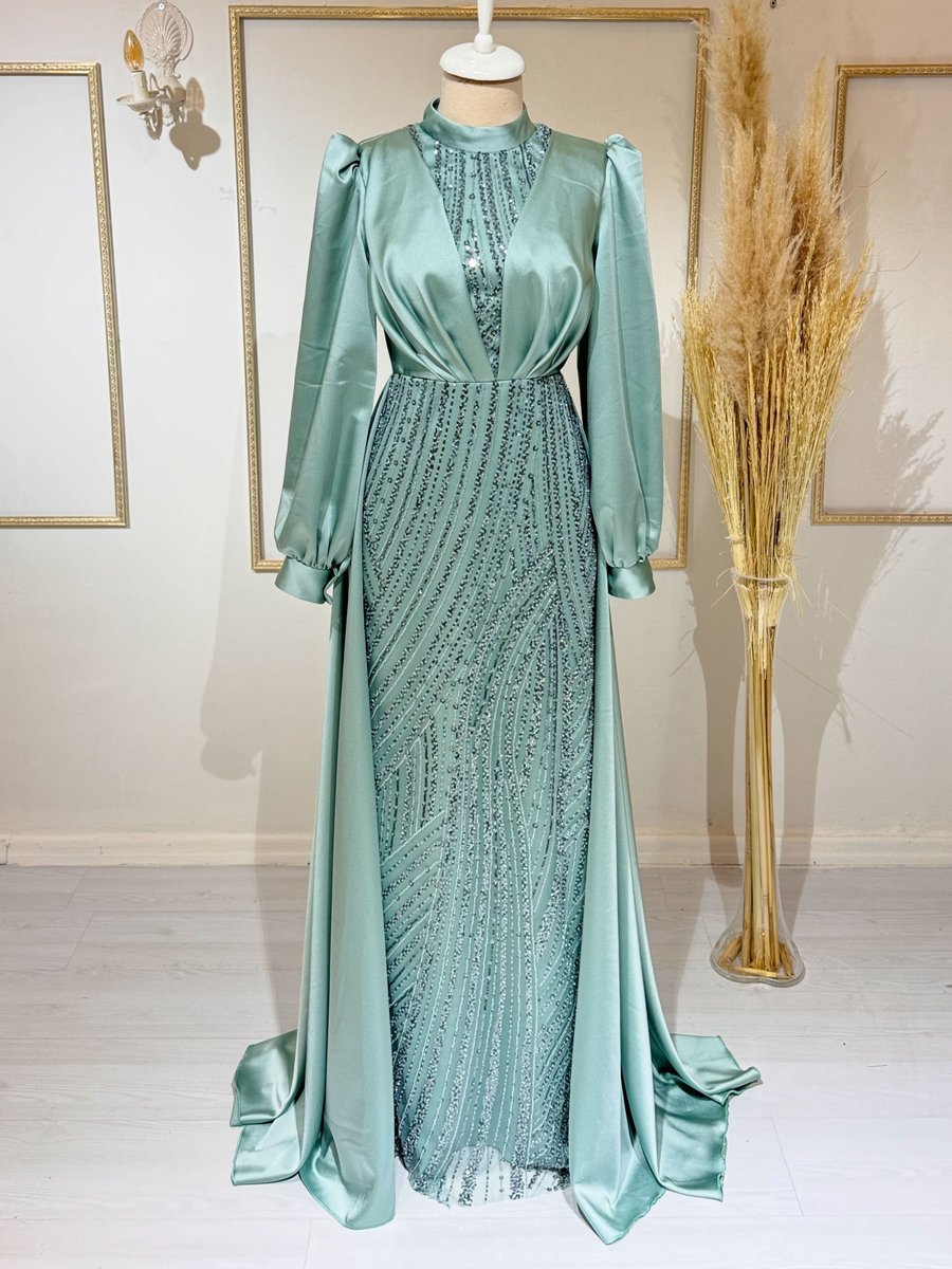 Burak Baran Fashion Su Yeşili Karya Abiye Elbise