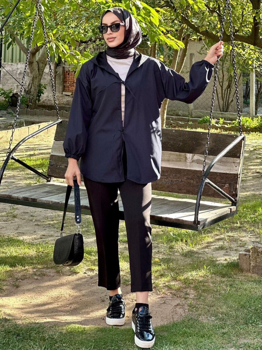 Nergis Neva Butik Lacivert Kapüşonlu Önü Baglamalı Kimono