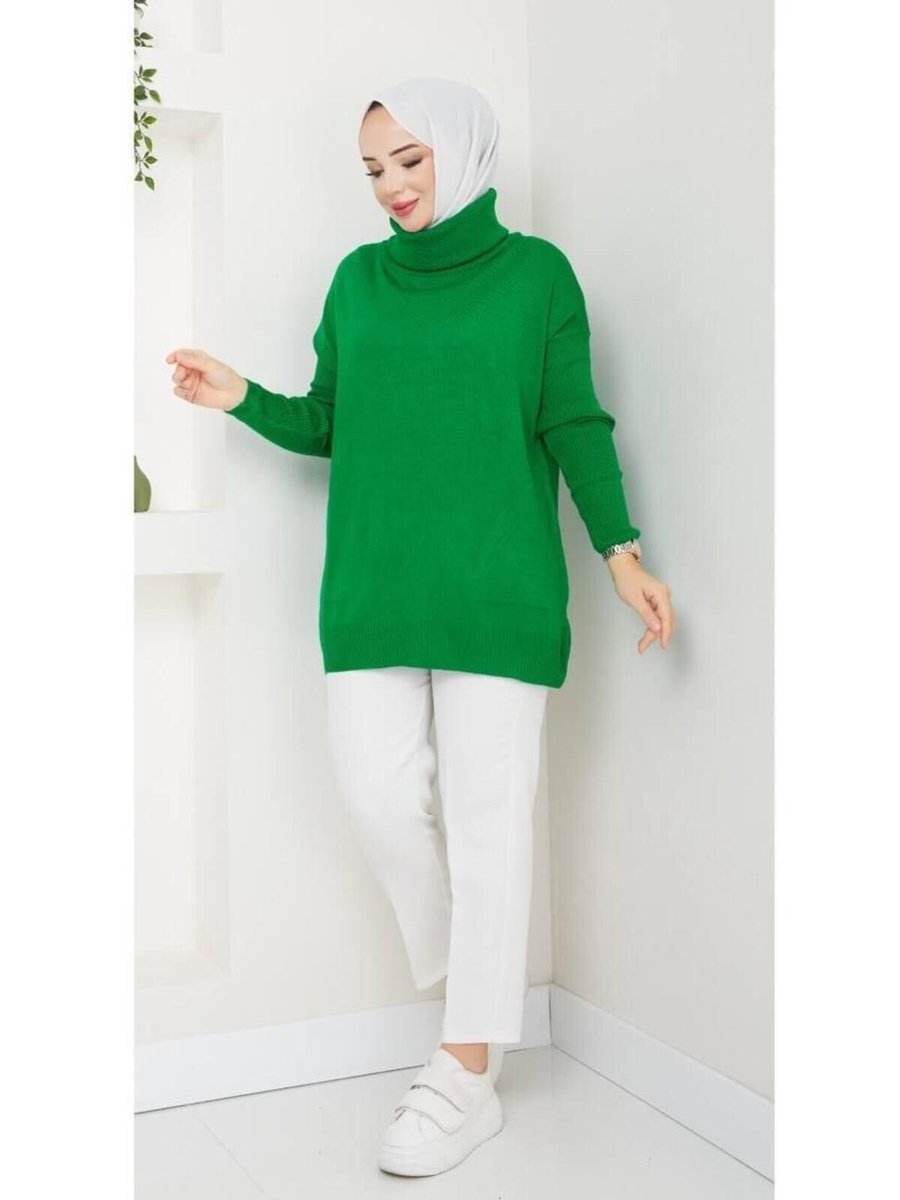Nergis Neva Butik Yeşil Balıkçi Yaka Cepli Triko Tunik