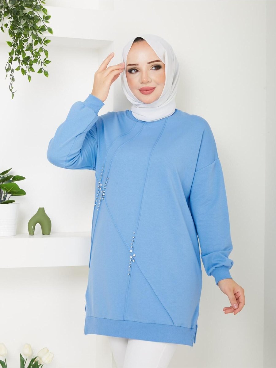 Moda Bisiklet Yaka Uzun Sweatshirt Taşlı