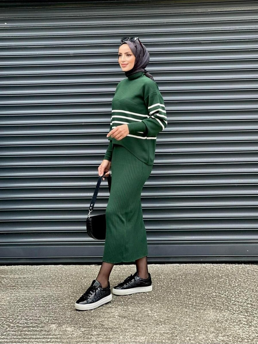 Nergis Neva Butik Haki Jileli Triko Takım