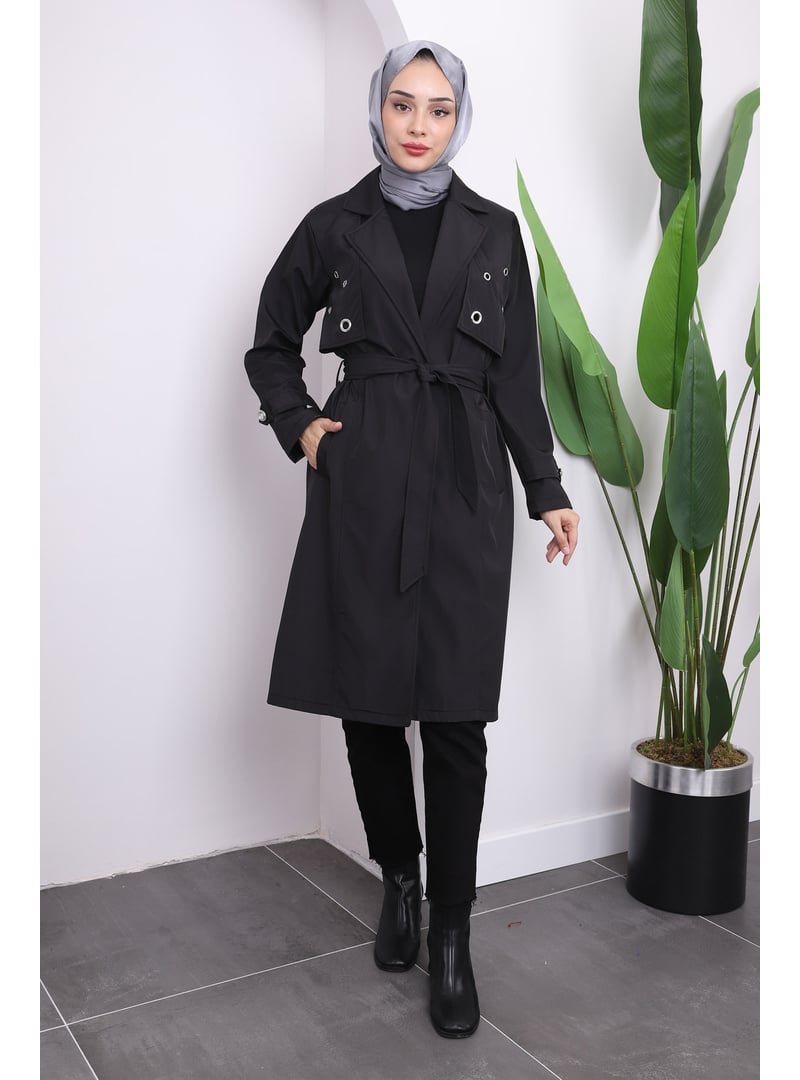 İmaj Butik Siyah Bel Kuşaklı Kuşgözlü Trençkot