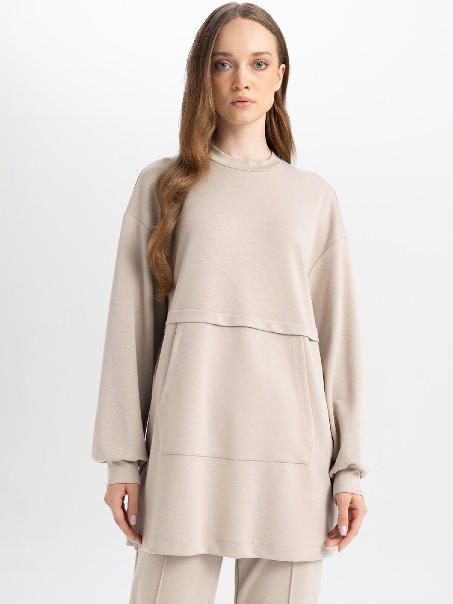 Defacto Regular Fit Bisiklet Yaka Kanguru Cepli Basic Düz Sweatshirt Tunik B0039ax24au