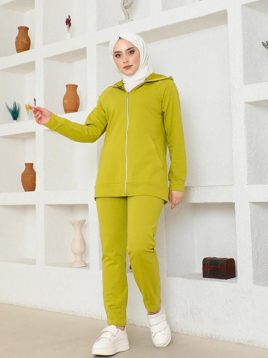 Perolastyle Kapüşonlu Cep Detaylı Eşofman Takımı Olive Yeşili
