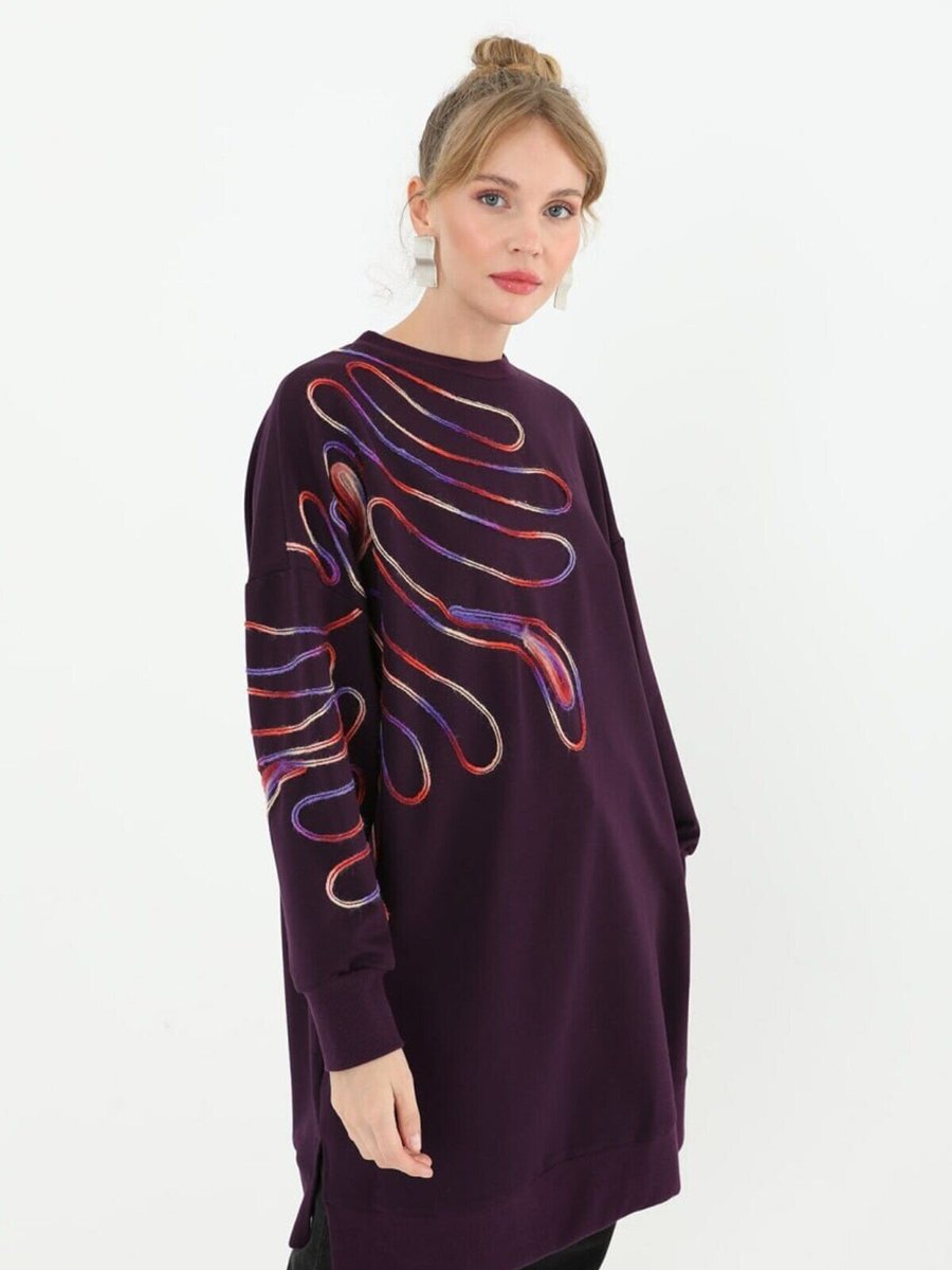 Puane Mor İki İplik Kumaş Örgü Desenli Sweatshirt