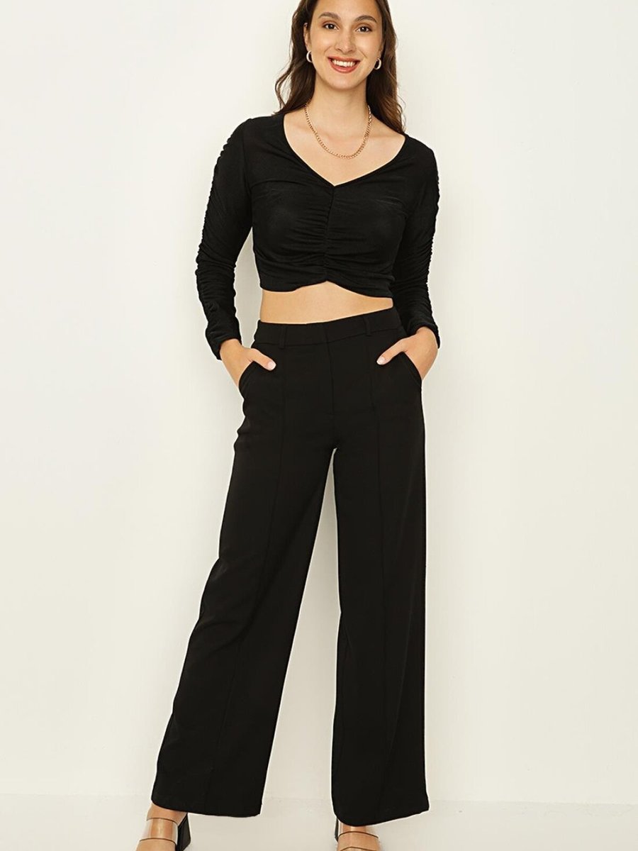 Select Moda Siyah Nervür Dikişli Geniş Paça Pantolon