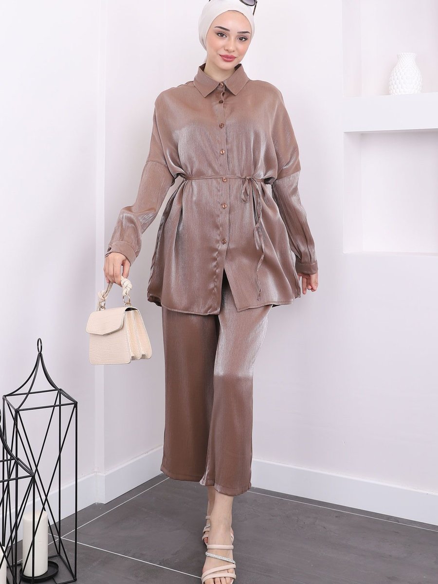 İmajbutik Kahverengi Bel Kuşaklı Tunik Pantolon Takım