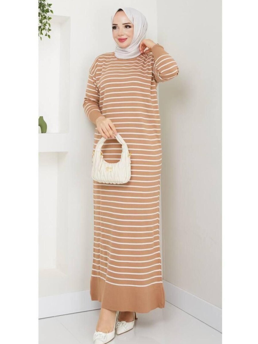 Nergis Neva Butik Bej Bisiklet Yaka Çizgili Tam Boy Triko Elbise