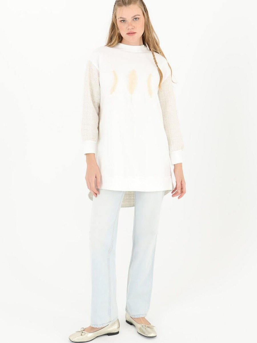 Puane Ekru İki İplik Kumaş Kolları Ve Arkası Örgülü Sweatshirt