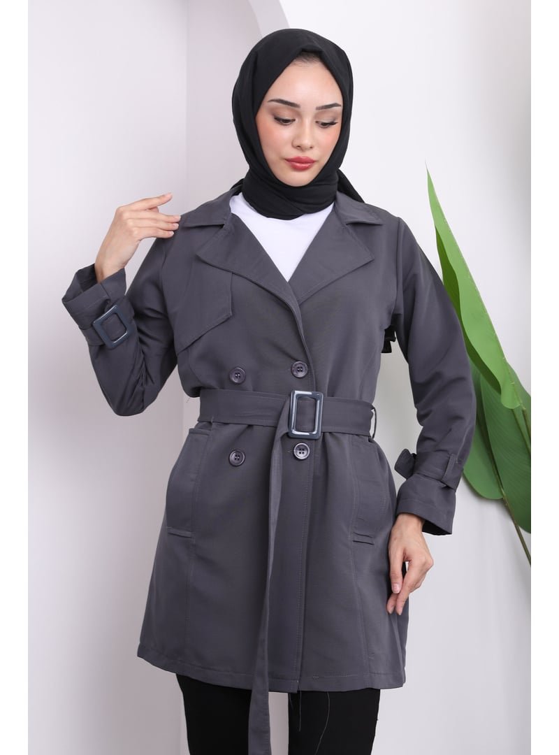 İmaj Butik Füme Cepli Bel Kuşaklı Kısa Trençkot