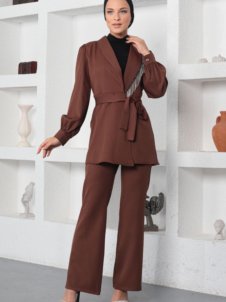 Modamihram Kahverengi Taş Detaylı Takım Modamihram Kahverengi Taş Detaylı Takım
