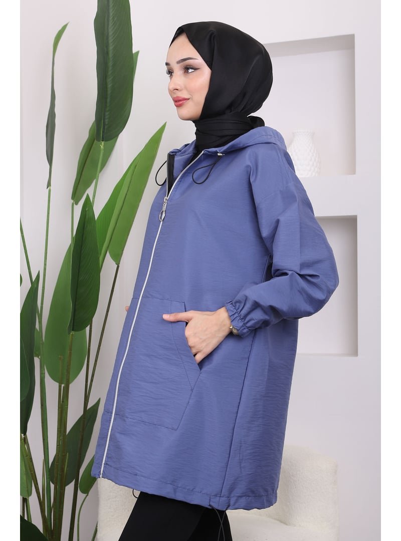 İmaj Butik İndigo Kapüşonlu Fermuarlı Trençkot