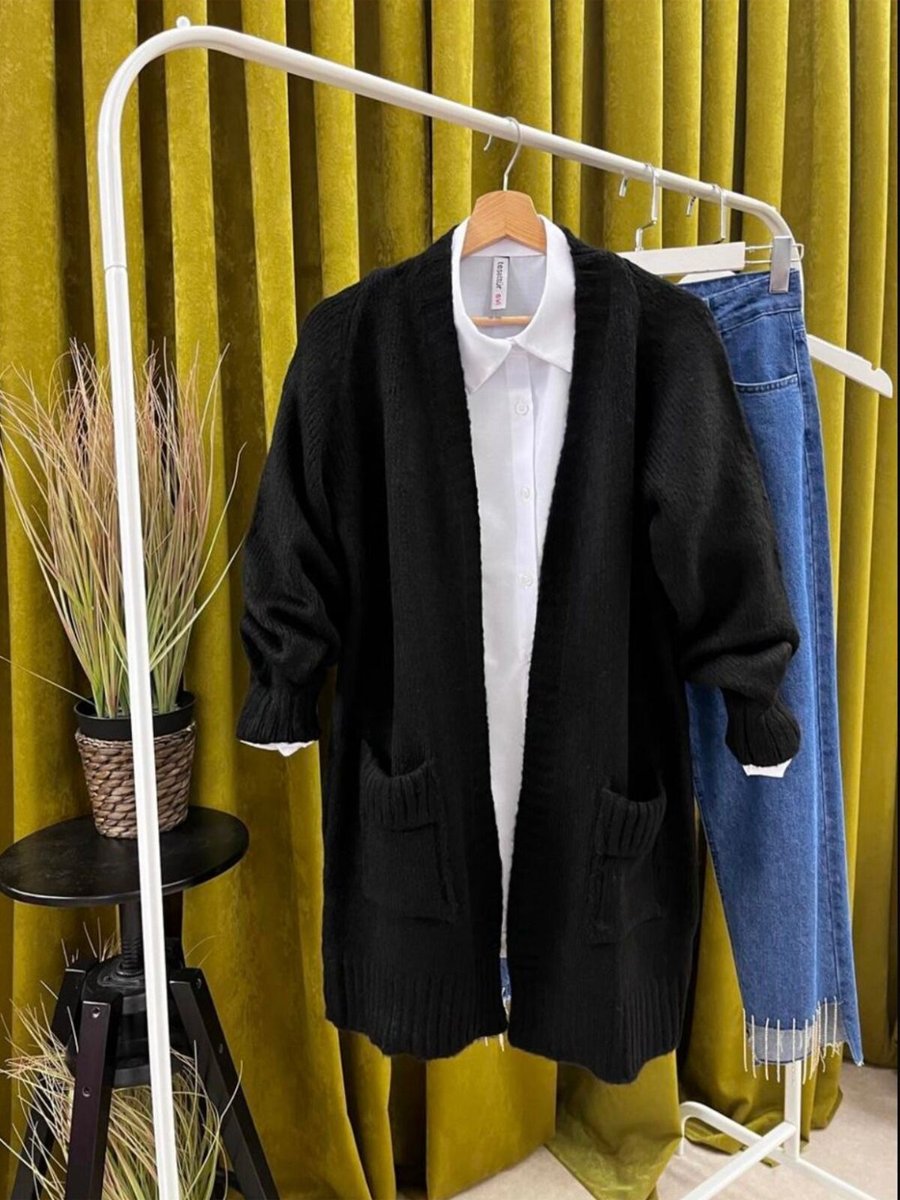 Butik Siyah Kol Katmanlı Cepli Salaş Triko Tunik Uzun Hırka