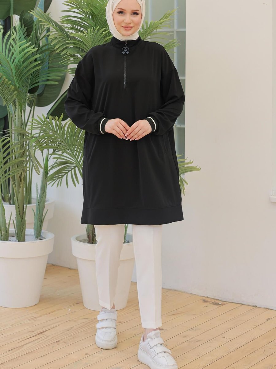 Armine Trend Armine Trend Kolları Ribanalı Yarım Fermuarlı Tunik Siyah