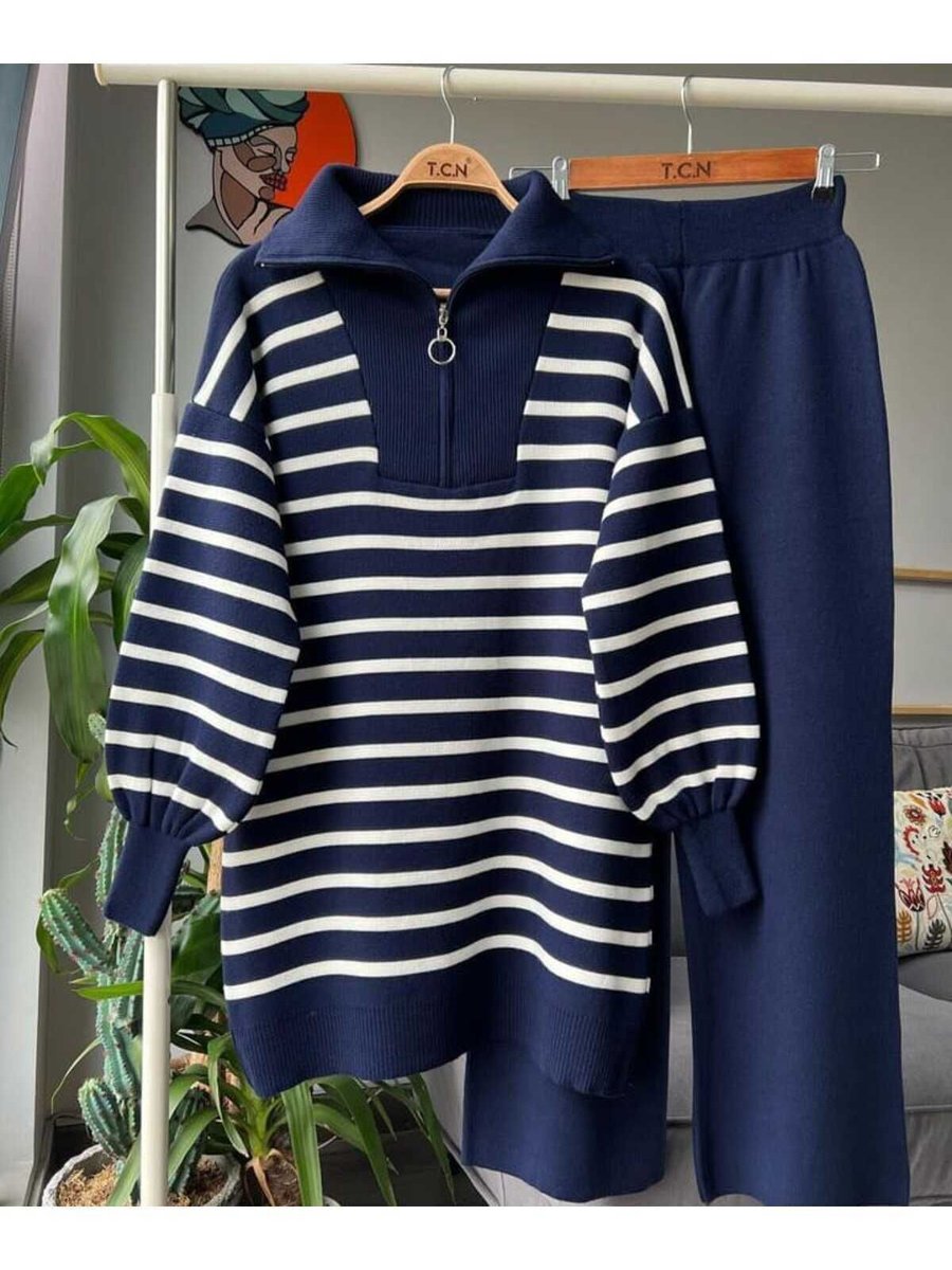 Eck Moda Çizgili Fermuar Yaka Triko Alt Üst Takım