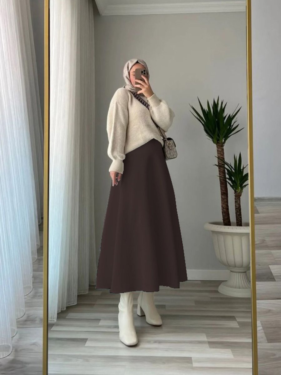 Newness Fashion Forwoard Puf Scuba Acı Kahve Kloş Etek