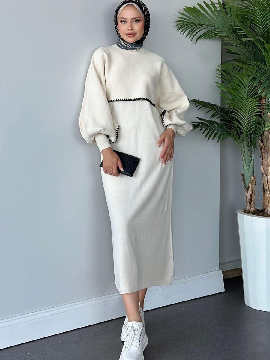Haza Moda Crop Görünümlü Triko Elbise Ekru