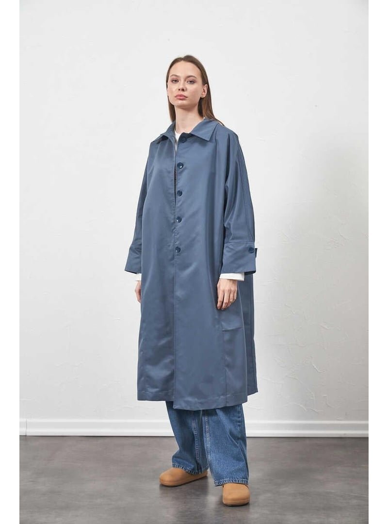 Mevra İndigo Oversize Trençkot Ceket