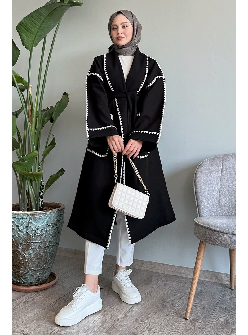InStyle Çoban Dikiş Kuşaklı Siyah Kaşe Kaban