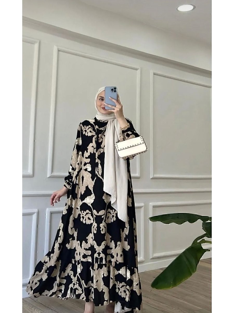 Elegantstil Bulut Desenli Premium Viskon Siyah Tesettür Elbise