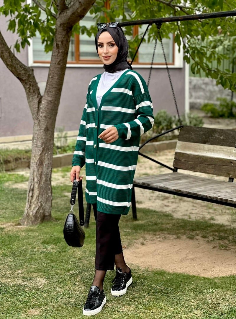 Nergis Neva Çizgili Uzun Hırka