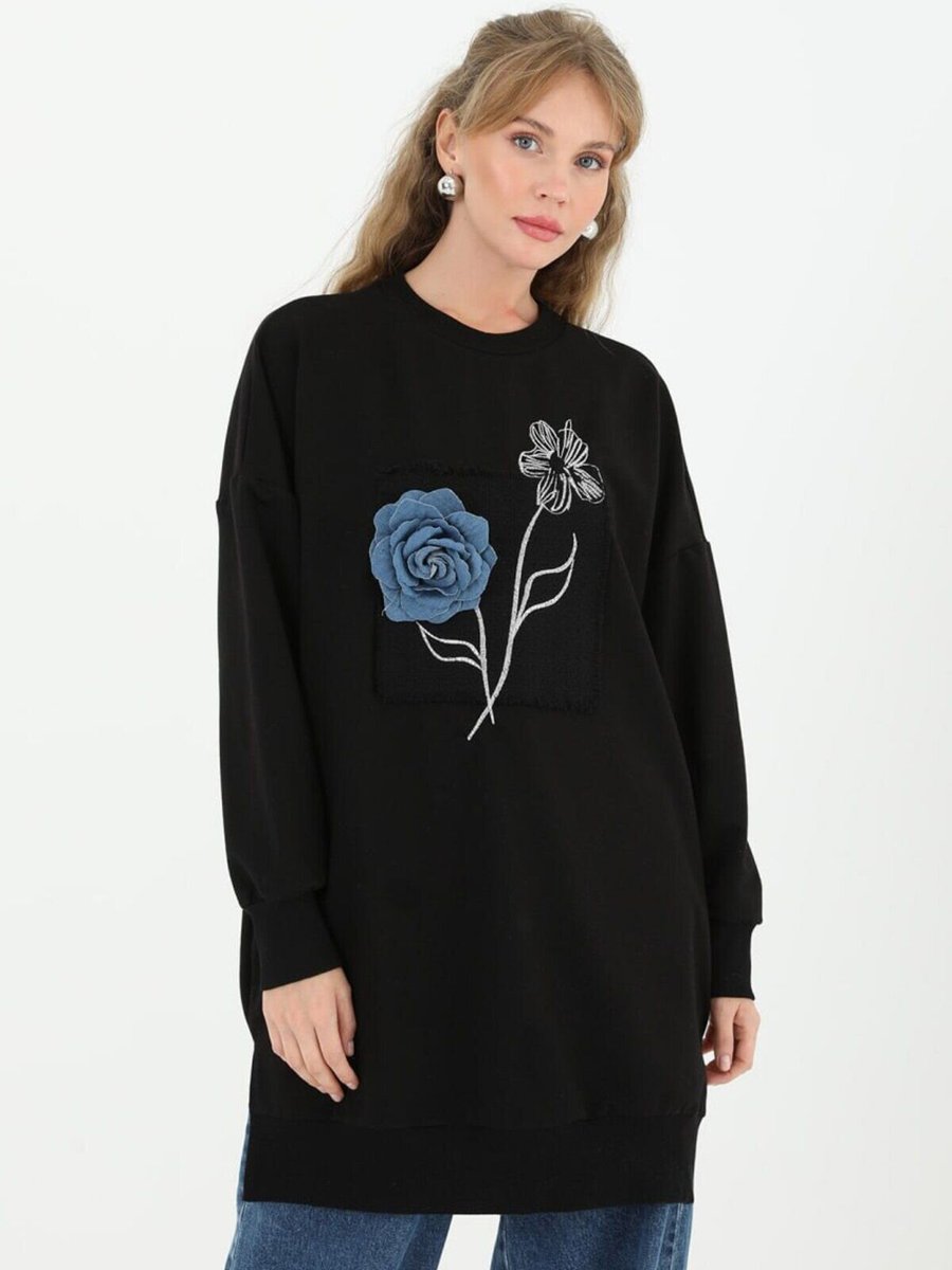 Puane Siyah İki İplik Kumaş Nakışlı Ve Çiçekli Sweatshirt