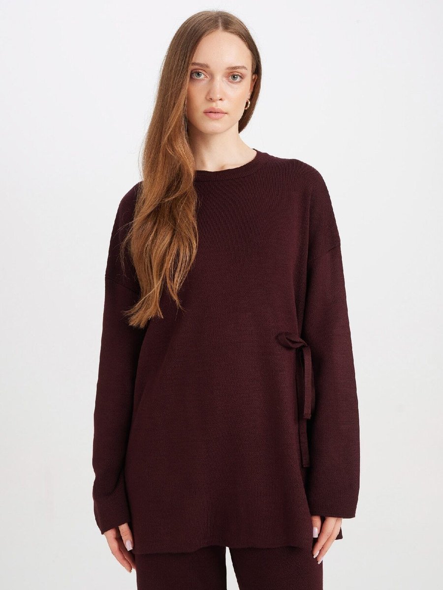 Defacto Regular Fit Bisiklet Yaka Yandan Bağlamalı Basic Düz Triko Kazak Tunik D7508ax24wn